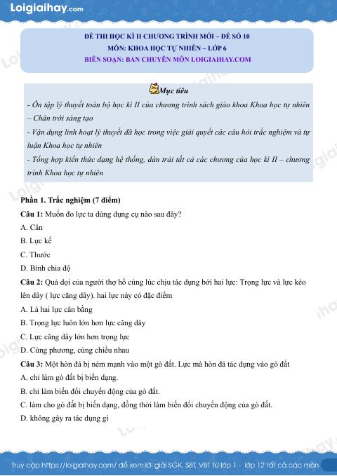 Đề thi học kì 2 KHTN 6 Chân trời sáng tạo - Đề 10